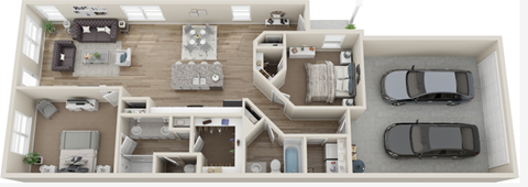 A top-down view of a two-story house with a garage and a driveway.